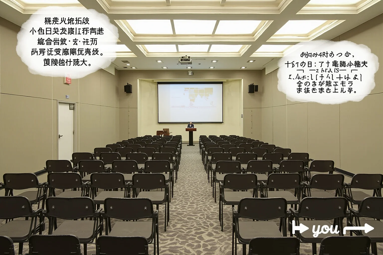 A government briefing room with a podium, rows of folding chairs, and a projection screen showing a simple timeline graphic, 1990s press conference aesthetic