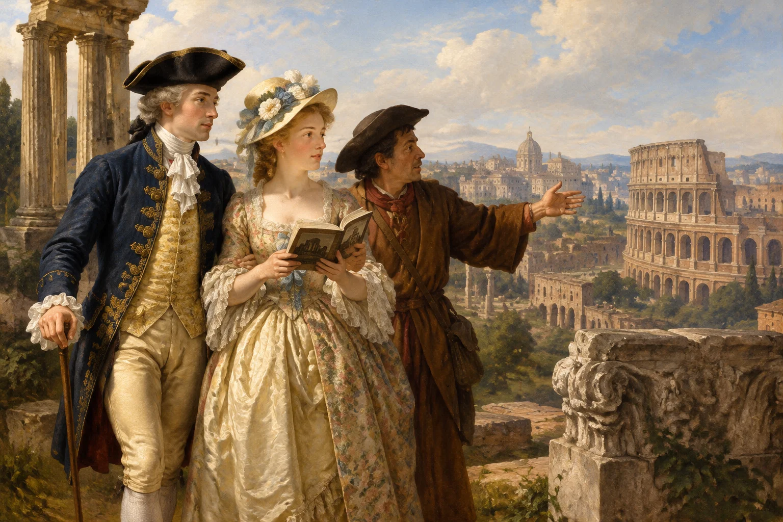 When Did Honeymoons Become A Normal Part Of Getting Married? 4 A grand 18th-century aristocratic couple on a Grand Tour, visiting ruins in Italy with a guidebook, classical architecture, oil painting style.