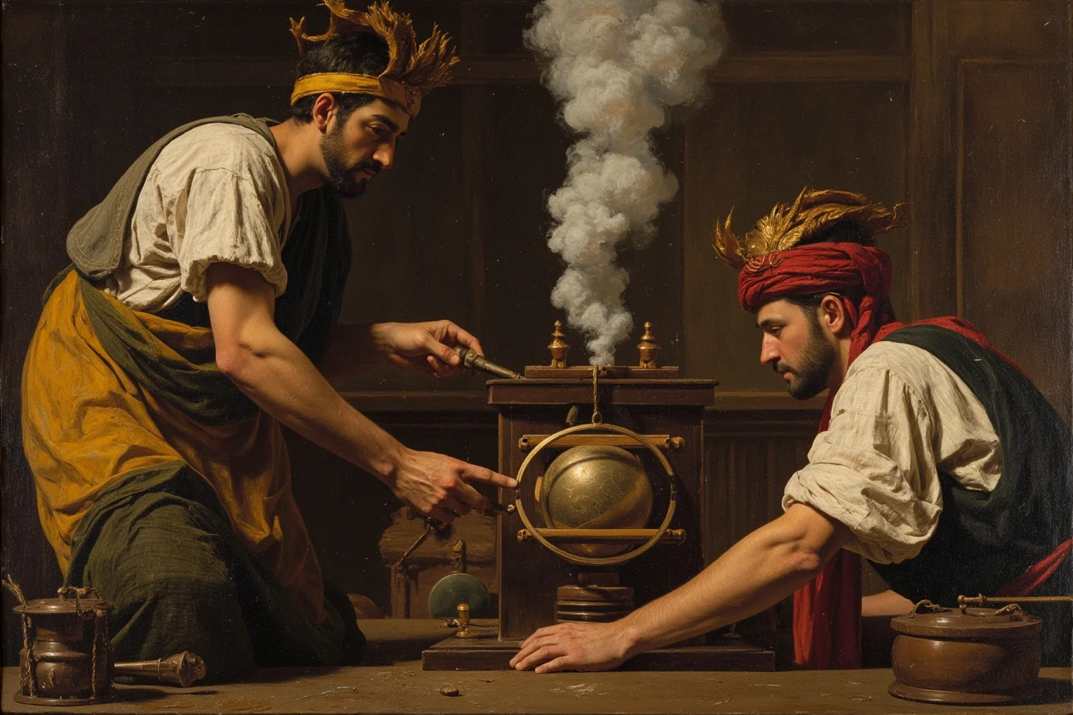 A Greek-Roman engineer demonstrating a small steam-powered spinning sphere in an Alexandrian workshop