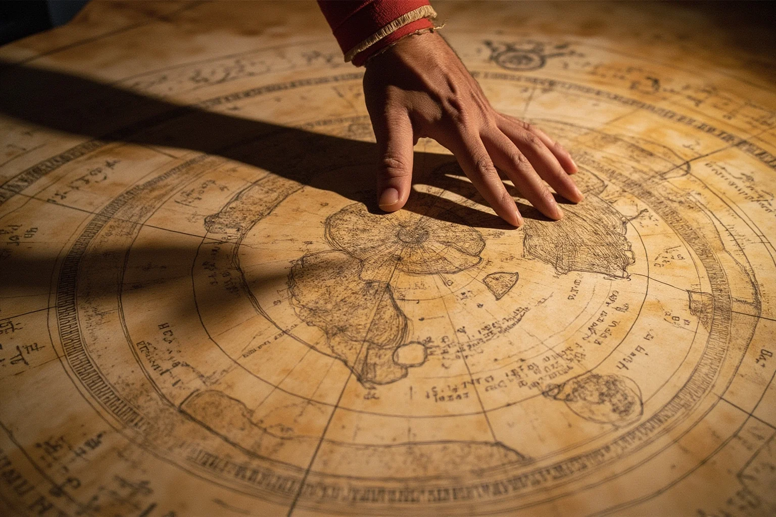 A Greek scholar in ancient Alexandria using shadows to calculate the Earth's circumference, with geometric diagrams and a world map on parchment.