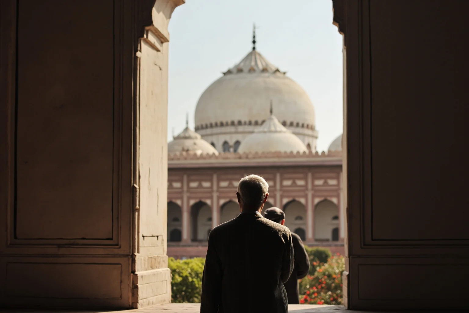A grief-stricken Mughal emperor looking at a distant white marble dome