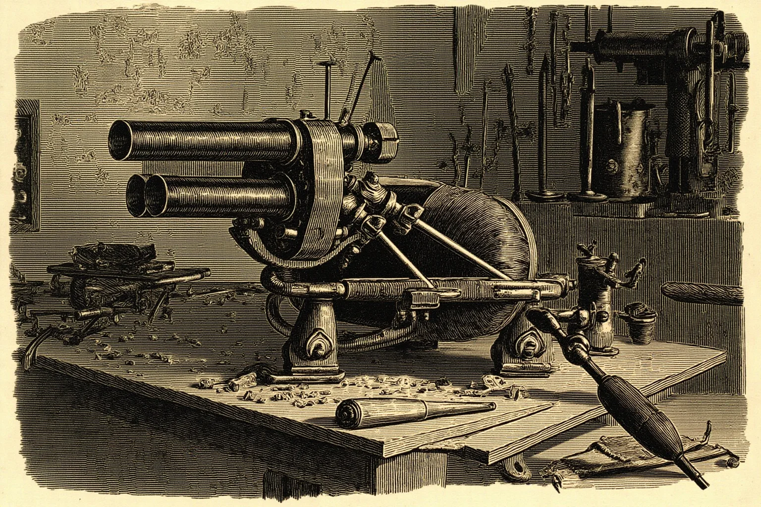 The Craziest Examples of the Butterfly Effect Throughout History 10 A gritty illustration of a 19th-century inventor's workshop with a hand-cranked multi-barrel Gatling gun on a workbench, blueprints and brass tools scattered around.