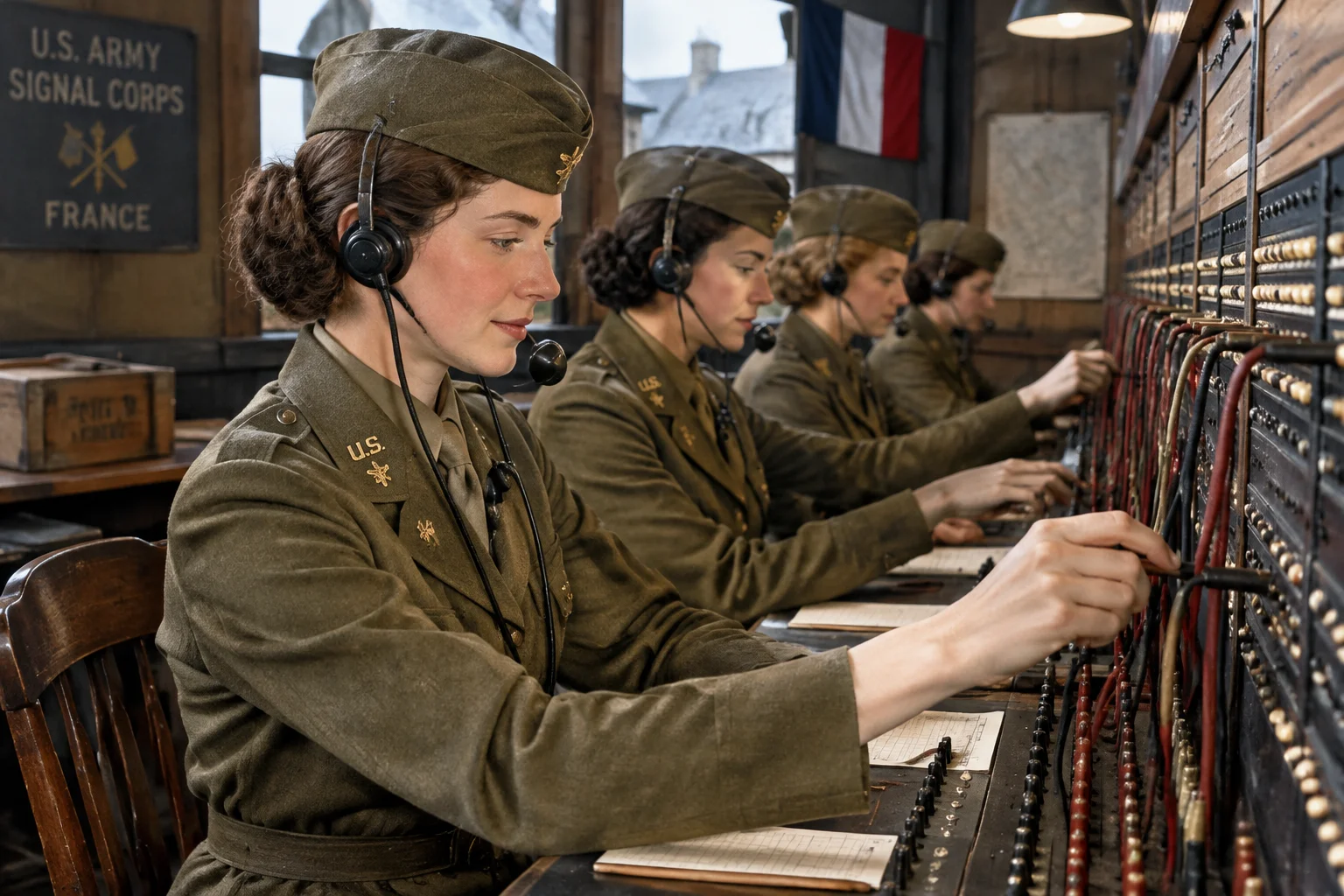 A group of American women telephone operators in WWI U.S. Army Signal Corps uniforms, working at a switchboard in France, safe for work.