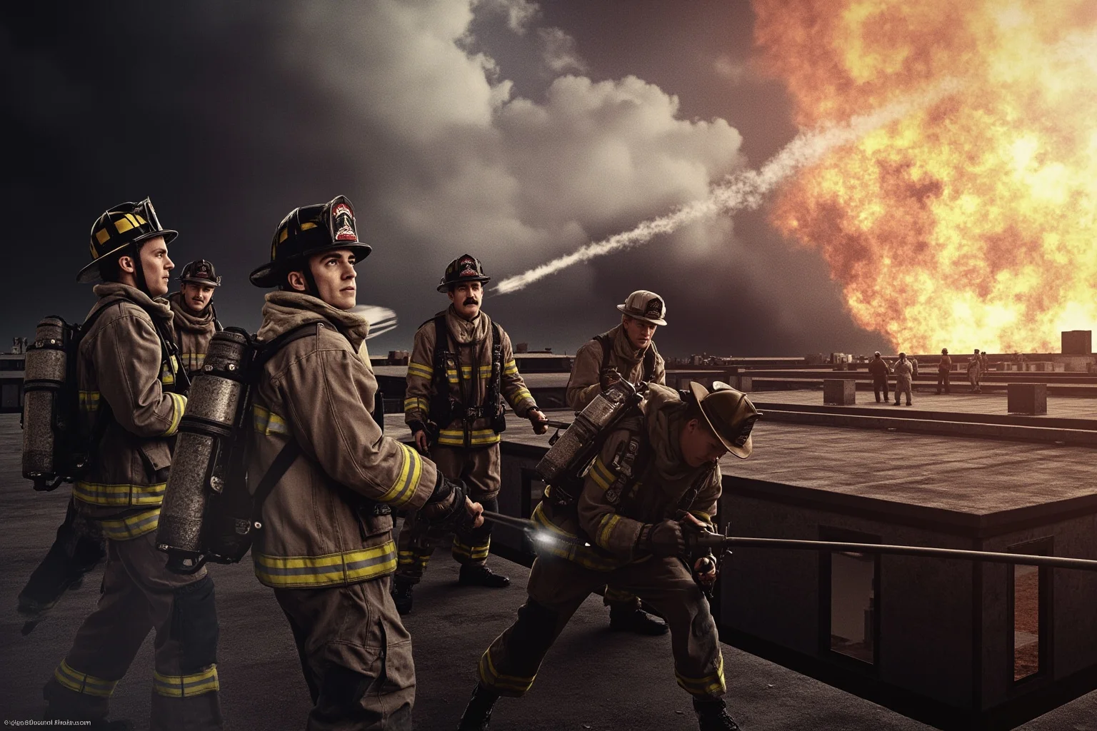 A group of firefighters in old-fashioned gear battling a blaze on a rooftop, unaware of invisible radiation, somber historical tone.