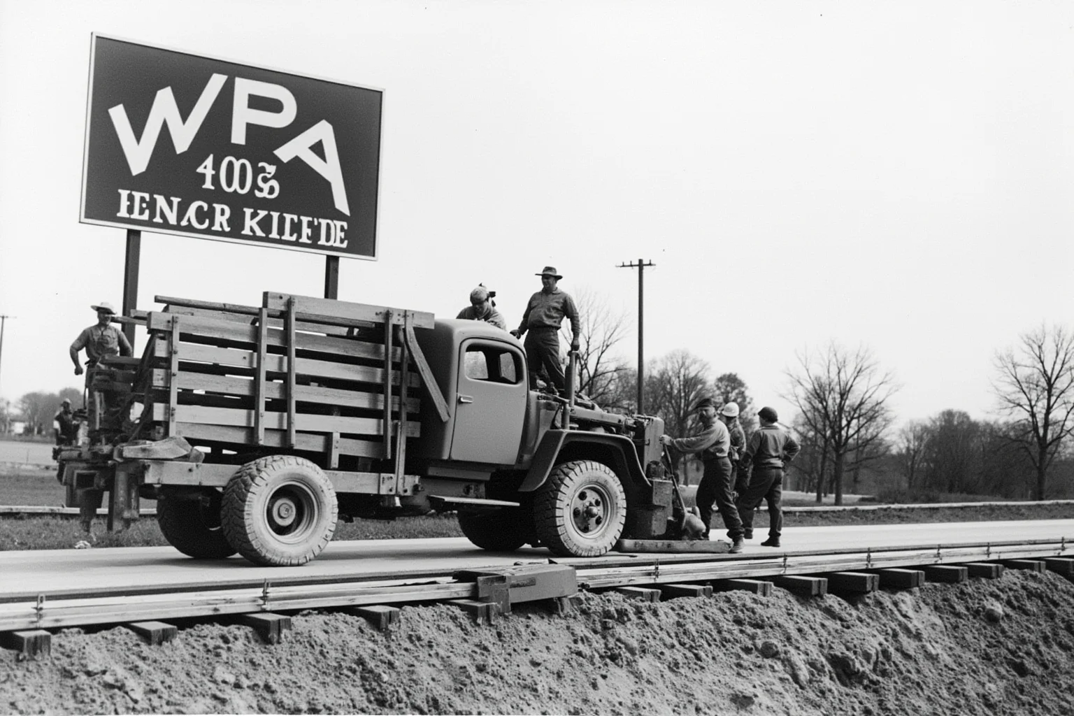A group of men working on a road construction project under a WPA sign, representing government relief jobs.