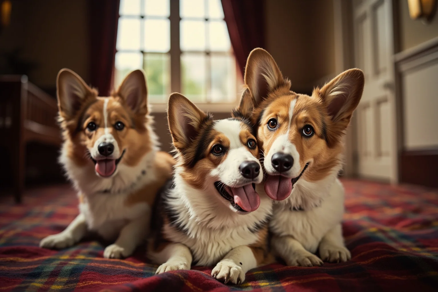Facts You Didn't Know About Queen Elizabeth II, the World's Second-Longest Reigning Monarch 4 A group of Pembroke Welsh corgis resting on a tartan blanket in a grand palace hallway, soft natural light