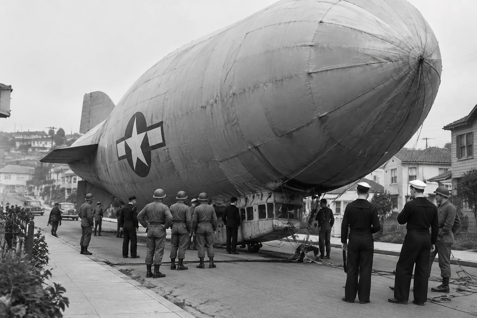 Ghost Blimp 1942: The WWII Blimp That Landed in San Francisco Without a Crew 9 A group of soldiers and sailors examining a landed blimp on a quiet residential street, Daly City, 1942.