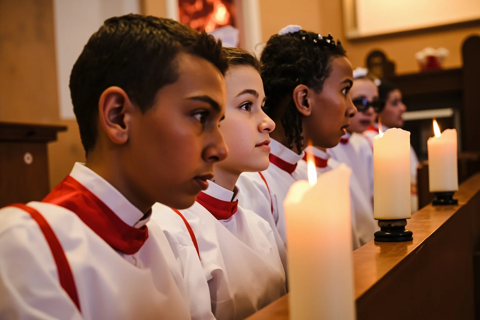 A group of teenagers in white robes and red sashes kneeling at a church altar during a confirmation ceremony, soft candlelight