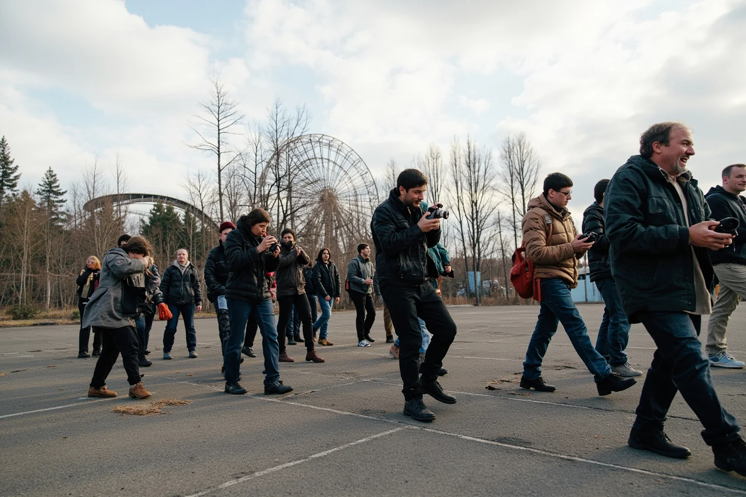 A group of tourists with cameras walking through the abandoned amusement park in Pripyat, with a ferris wheel visible, respectful tone.