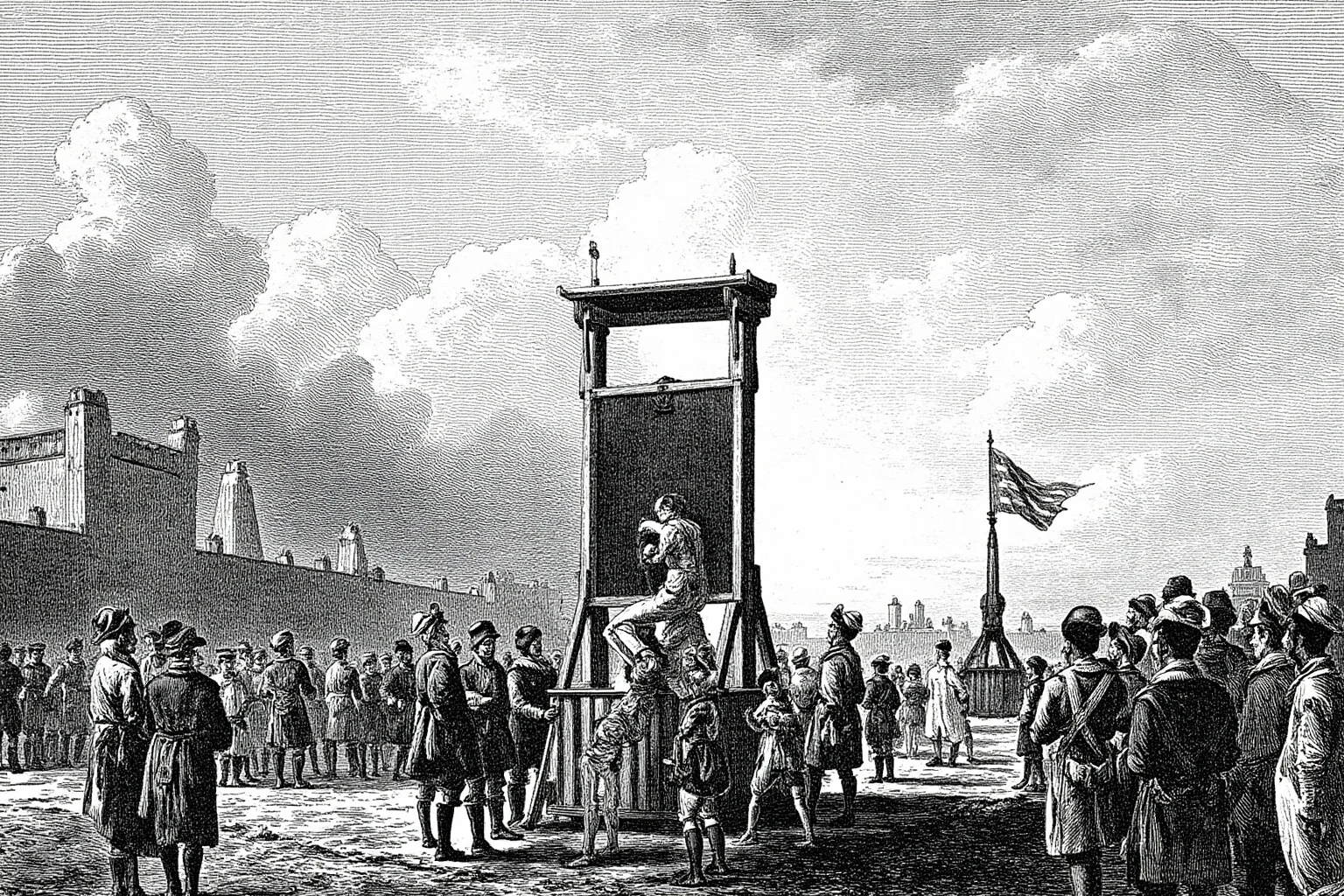 Fascinating Facts About The French Revolution 5 A guillotine on a scaffold in a public square during the French Revolution, with a crowd watching, historical illustration.