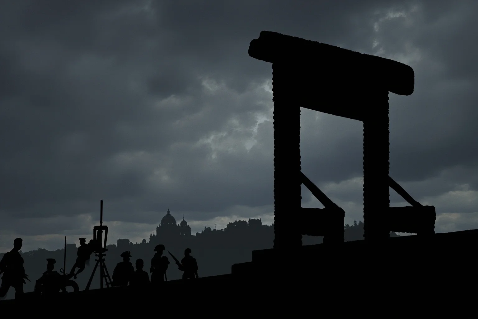 22 Evil Dictators Who Were Eventually Overthrown 4 A guillotine silhouette against a stormy sky in revolutionary Paris, somber historical illustration style.