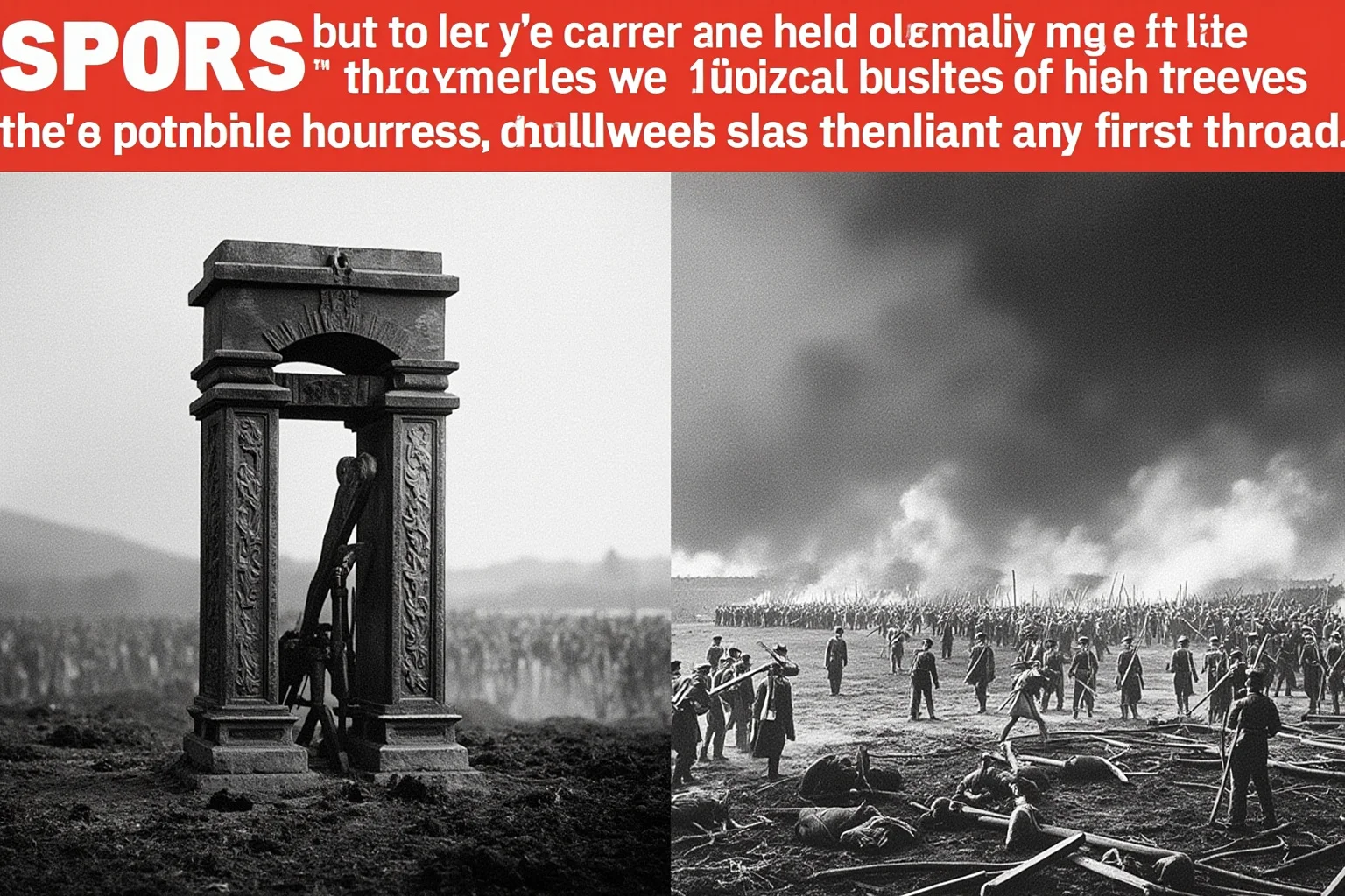 Fascinating Facts About The French Revolution 17 A guillotine with a small number of executions, compared to a large battlefield scene, symbolic contrast, infographic style.