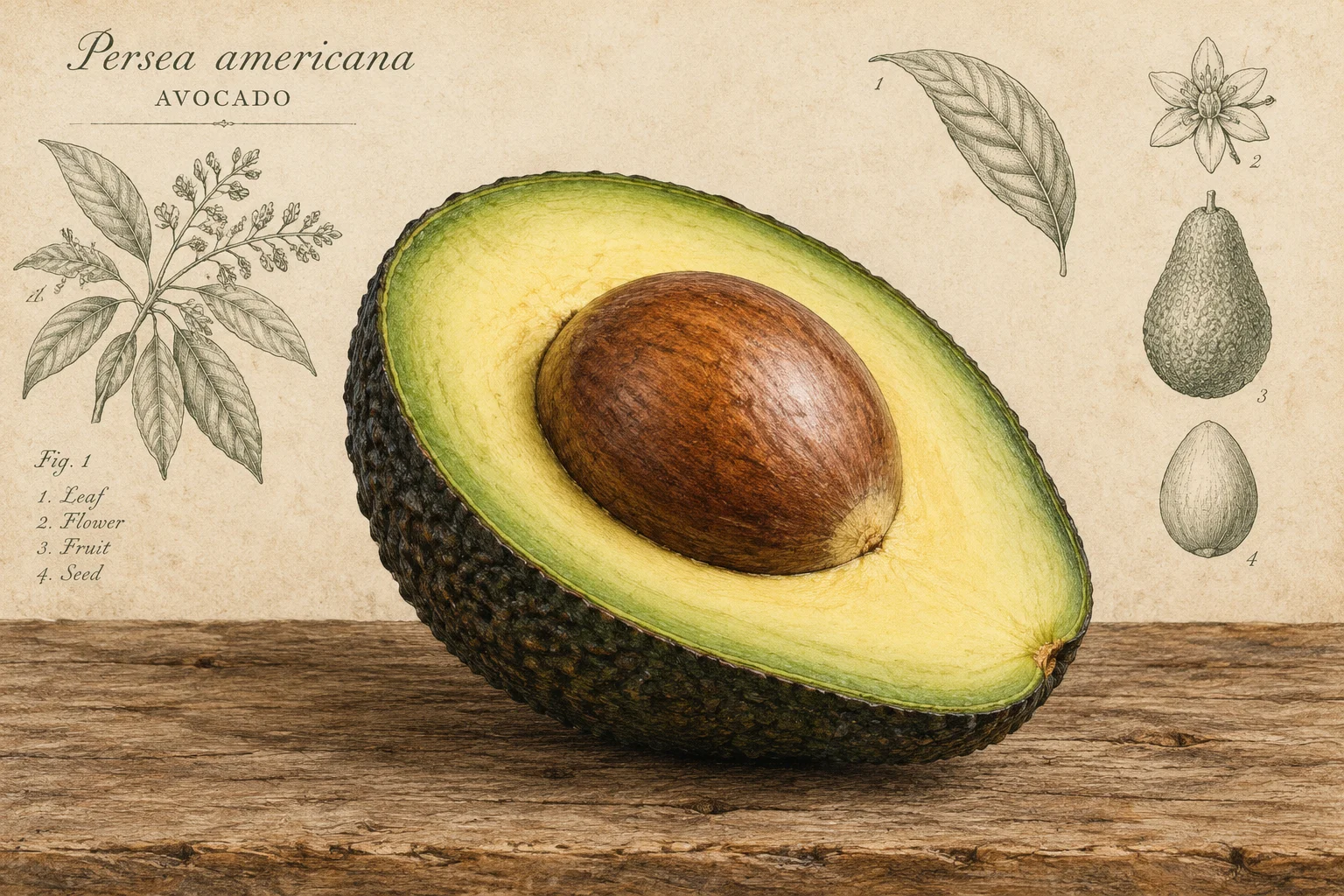 A halved avocado with its large pit on a rustic wooden table, vintage botanical illustration style.