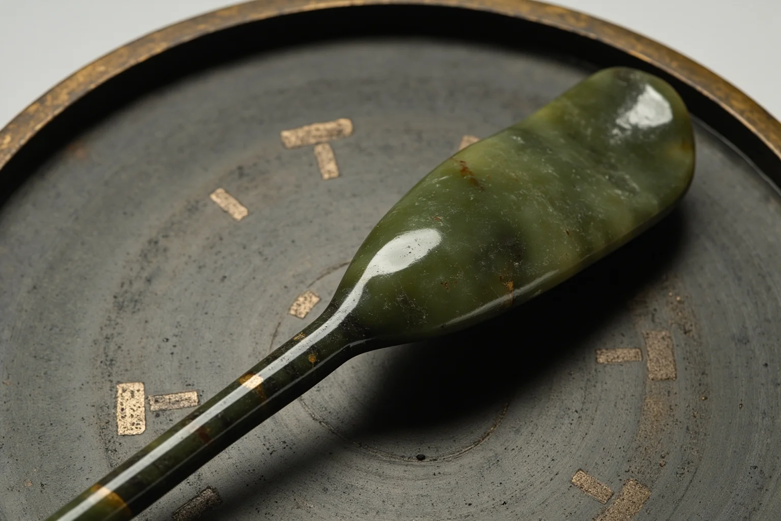 A Han dynasty lodestone spoon resting on a bronze plate with directional markings