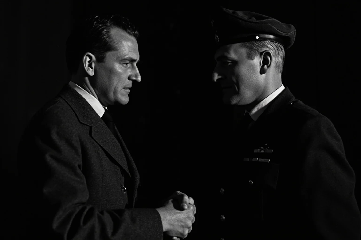A handshake between a British agent and a Soviet officer in a dimly lit room.
