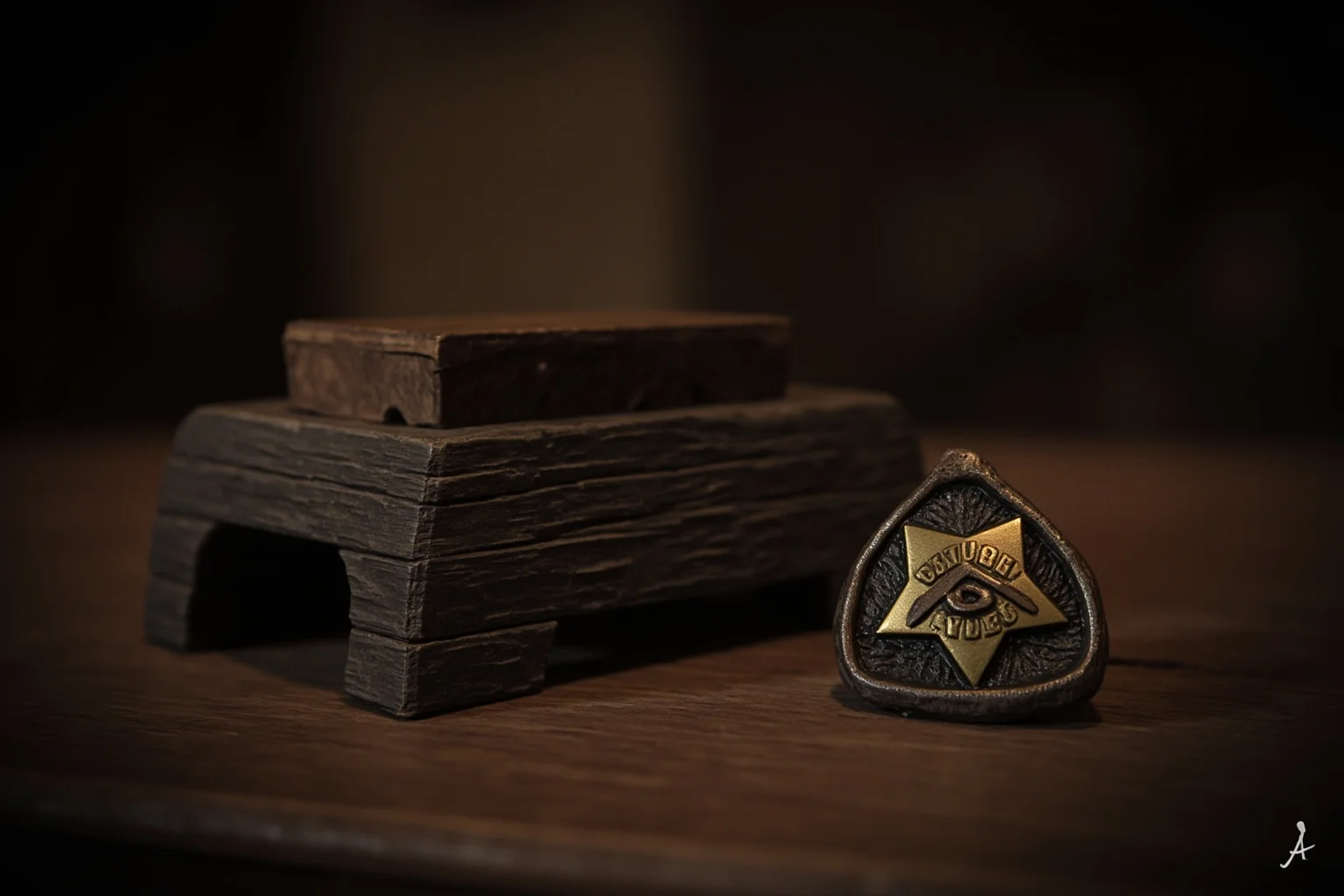 A heavy wooden gallows platform and a sheriff's badge on a rustic desk, somber 19th-century tone, no people.