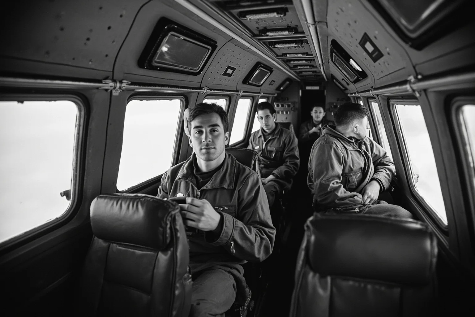 A high-altitude bomber with a pressurized cabin interior, crew in flight suits, 1940s aviation scene