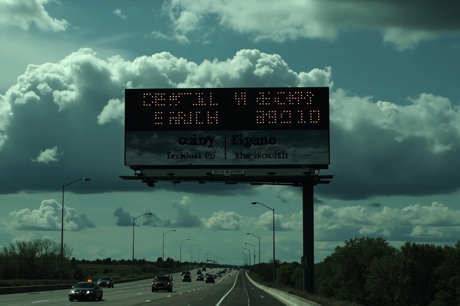 25 Times Historical Figures Predicted the End of the World 23 A highway billboard in the American Midwest displaying a large numerical date, cars passing below, dramatic storm clouds gathering behind it.