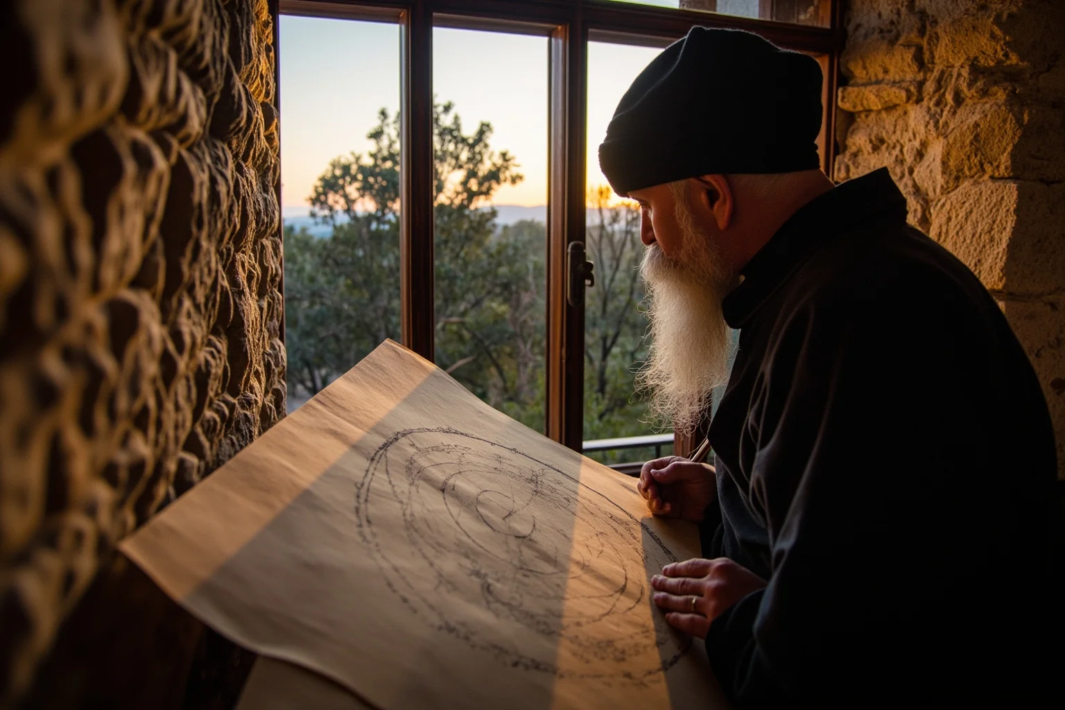 25 Times Historical Figures Predicted the End of the World 5 A hillside Calabrian abbey at dusk, a monk sketching a circular diagram of three historical ages on parchment, olive trees and distant mountains through the window.