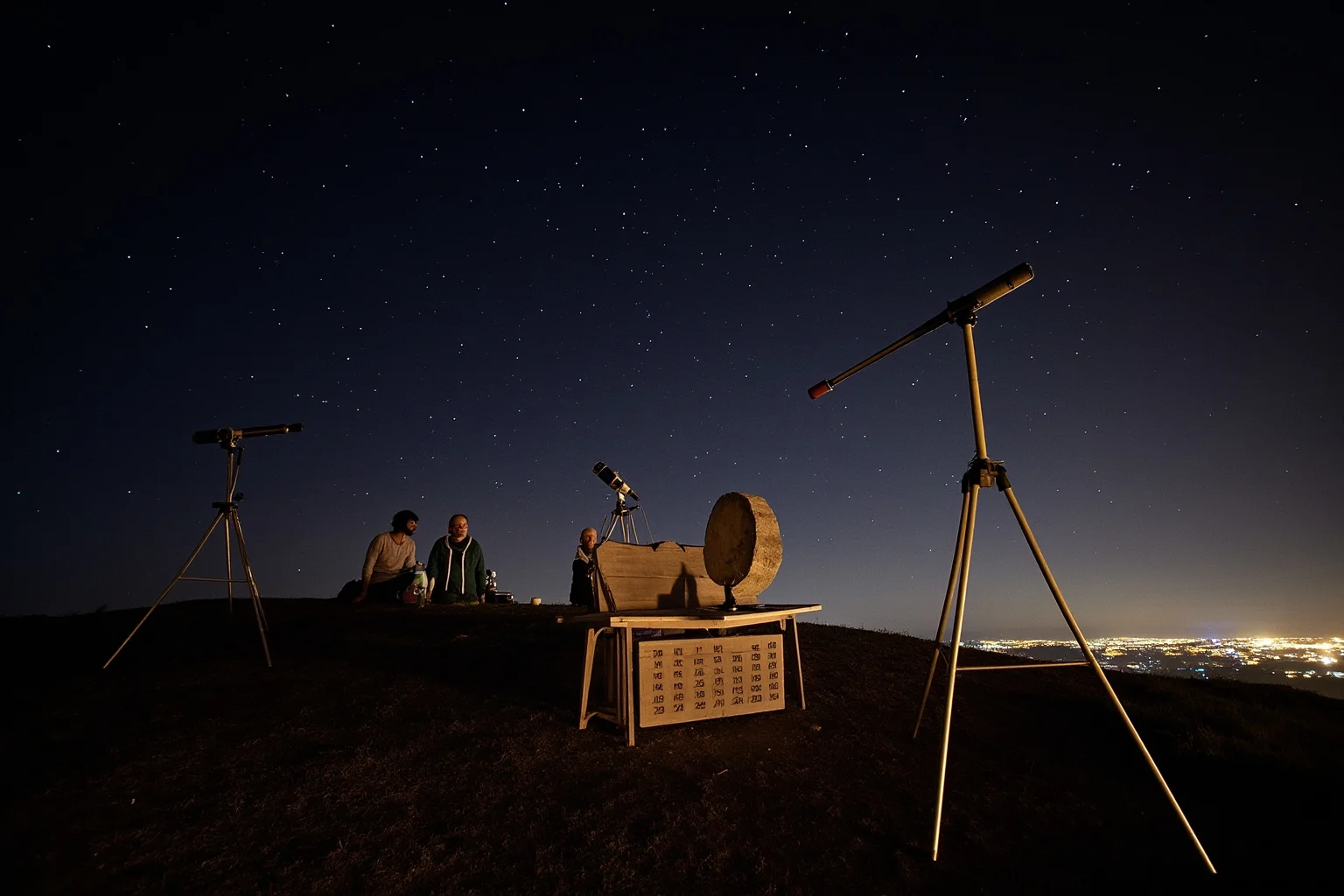 25 Times Historical Figures Predicted the End of the World 25 A hilltop gathering at night with telescopes pointed skyward, a carved stone calendar disc displayed on a folding table, distant city lights below.