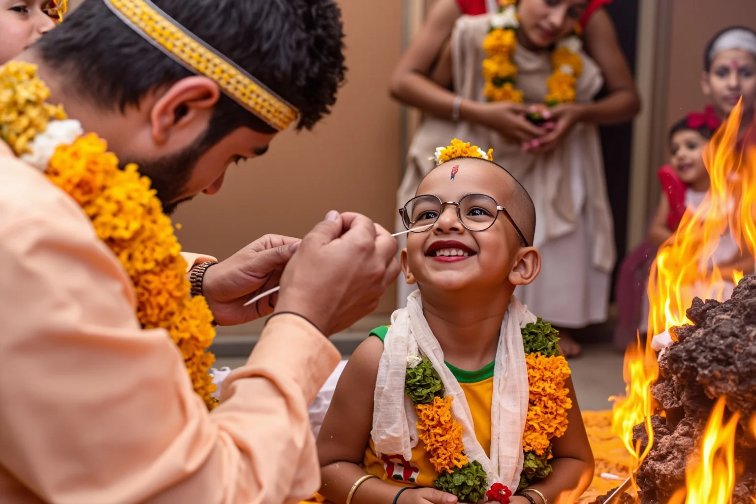 A Hindu boy with a shaved head seated before a sacred fire during an upanayana ceremony, a priest tying a white sacred thread, marigold garlands