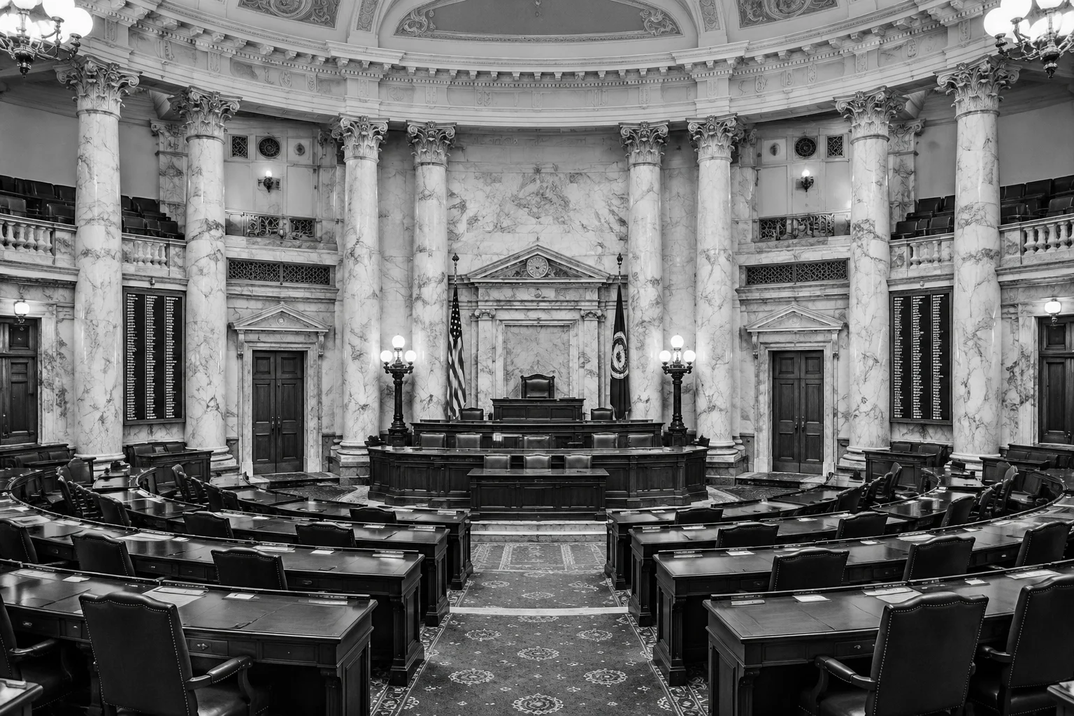 The Election Decided By A Dead Man: The True Story of Missouri's 2000 Senate Race 9 A historic black-and-white style image of a state legislature building interior with marble columns, no people present.