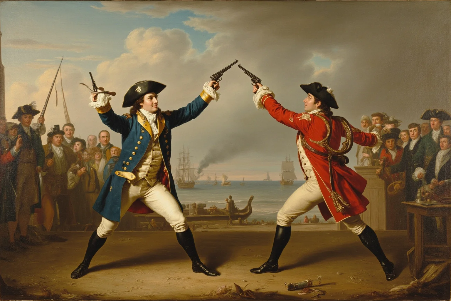 A historical painting of Alexander Hamilton and Aaron Burr dueling in Weehawken, New Jersey, 1804, with pistols raised.