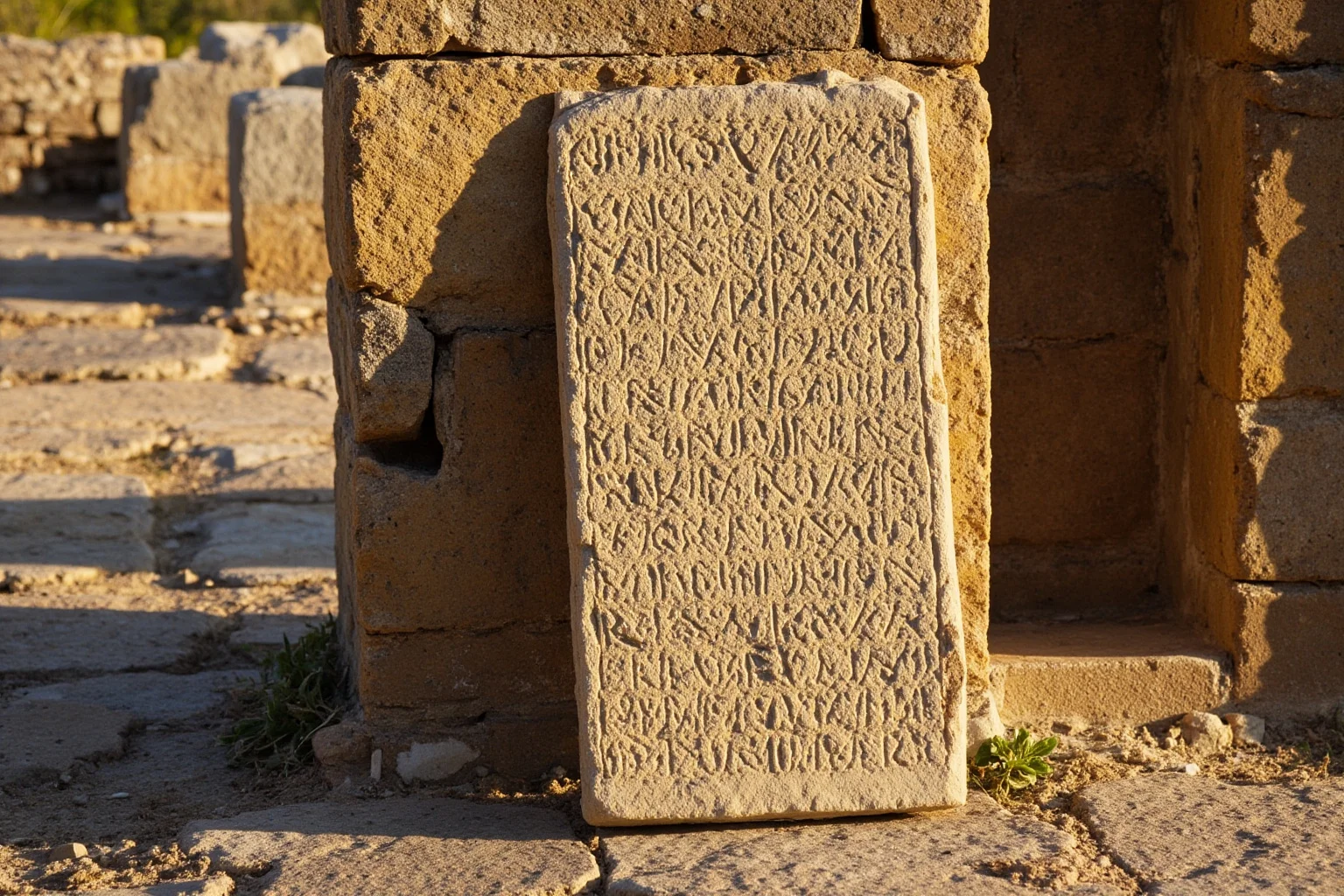 Earliest Laws We Still Practice Today: 10 First Law Codes That Shaped Modern Rules 6 A Hittite stone tablet with cuneiform script leaning against a stone wall in Anatolian ruins, with warm afternoon light.