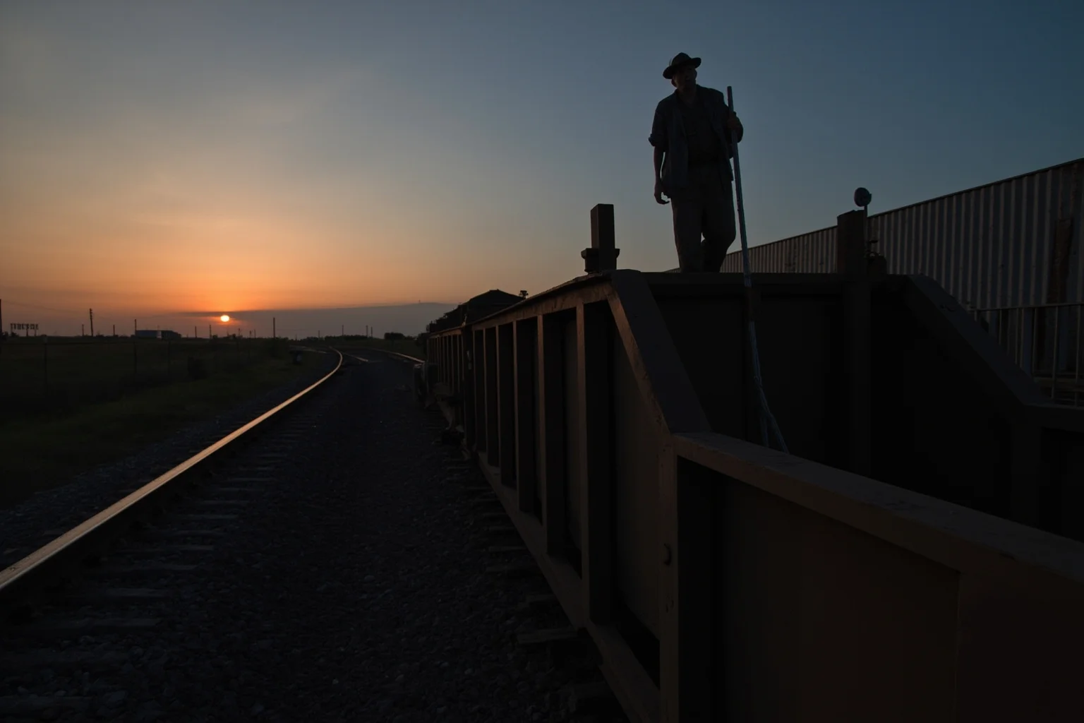A hobo riding on a freight train at dusk, with a bindle by his side.