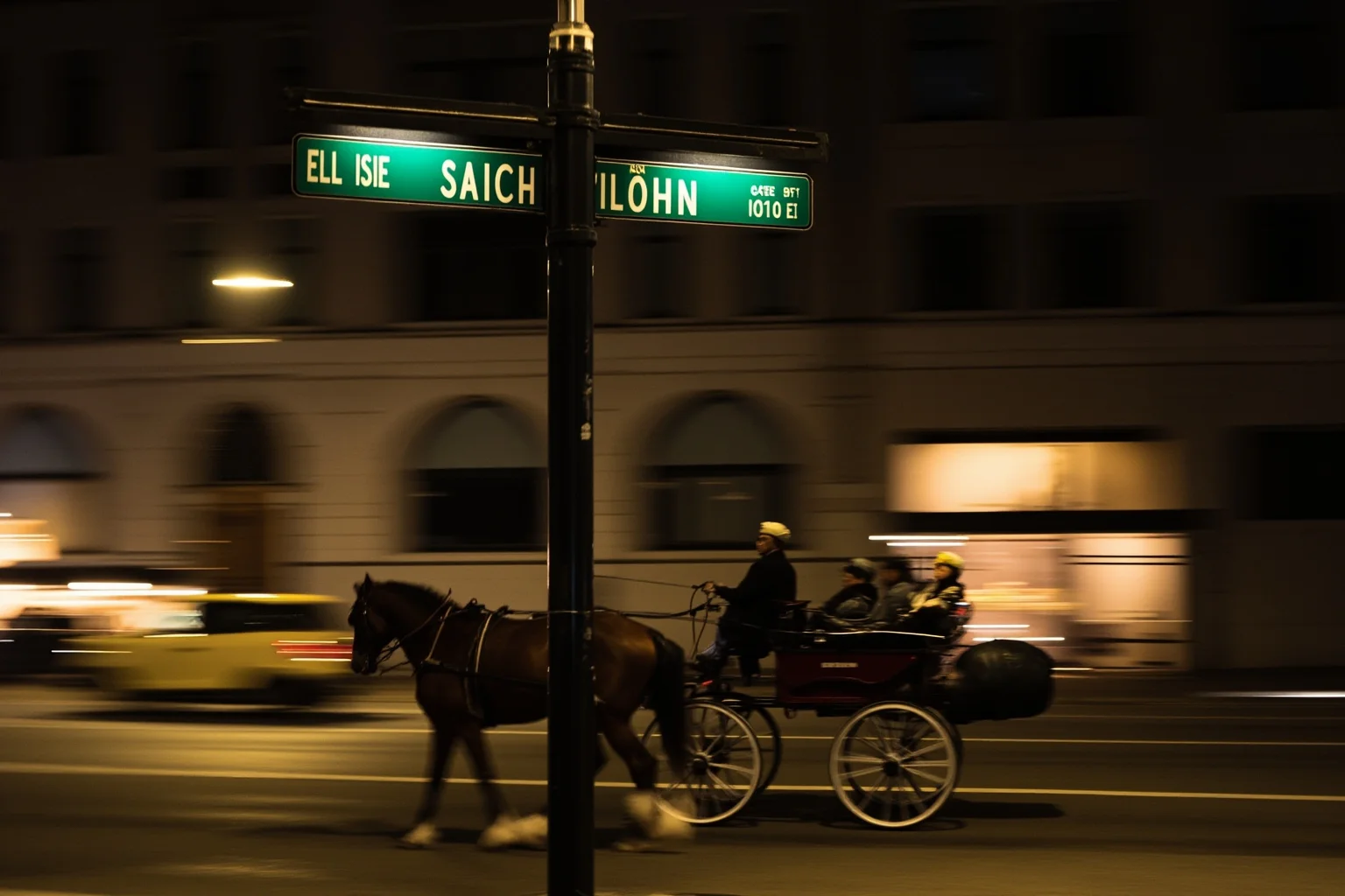 A horse-drawn carriage speeding past a gaslit Washington street sign, motion blur, no people.