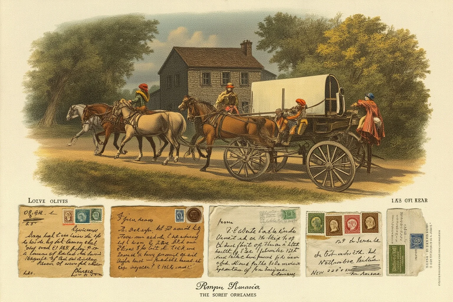 Old Money: 24 Hidden Dynasties That Shaped the Course of History 6 A horse-drawn mail coach leaving a stone post house at dawn, sealed letters and wax stamps arranged in the foreground, no identifiable faces, painterly historical illustration.