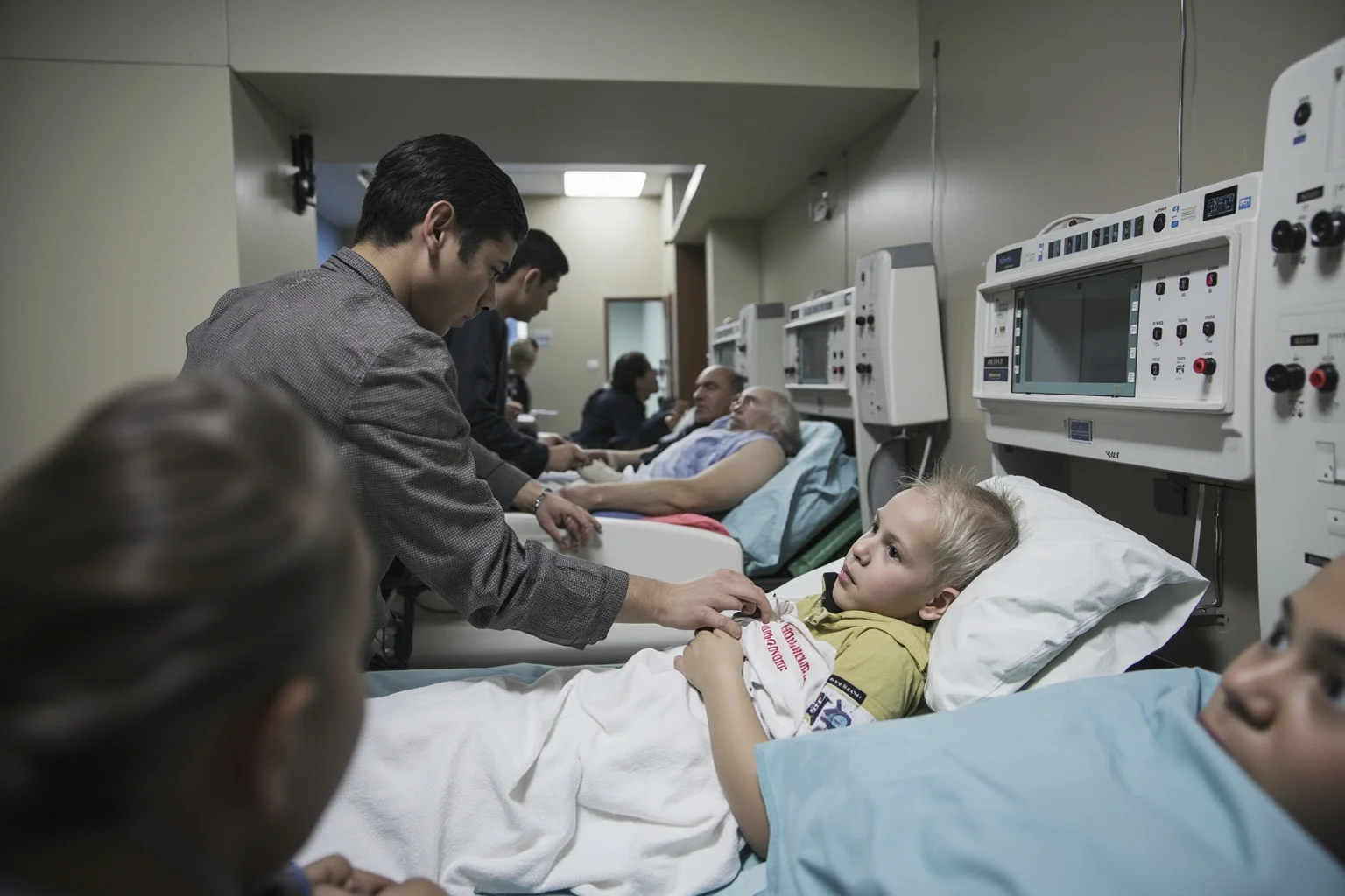 A hospital scene with radiation victims receiving care, respectful and non-graphic, showing the delayed toll of radiation exposure.