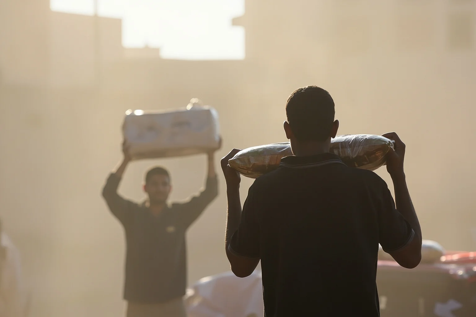 Things To Learn About The Beloved Princess Diana 20 A humanitarian aid worker distributing supplies in a conflict-affected region, viewed from behind, faces not visible, dusty light.