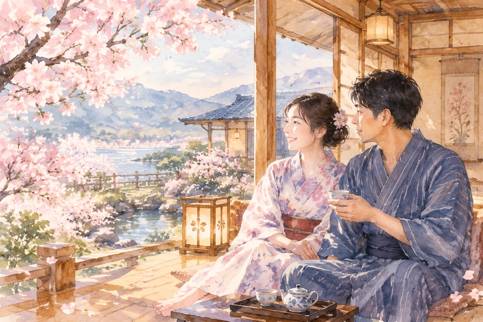 When Did Honeymoons Become A Normal Part Of Getting Married? 10 A Japanese couple in yukata enjoying a honeymoon in a traditional ryokan, cherry blossoms, serene atmosphere, watercolor style.