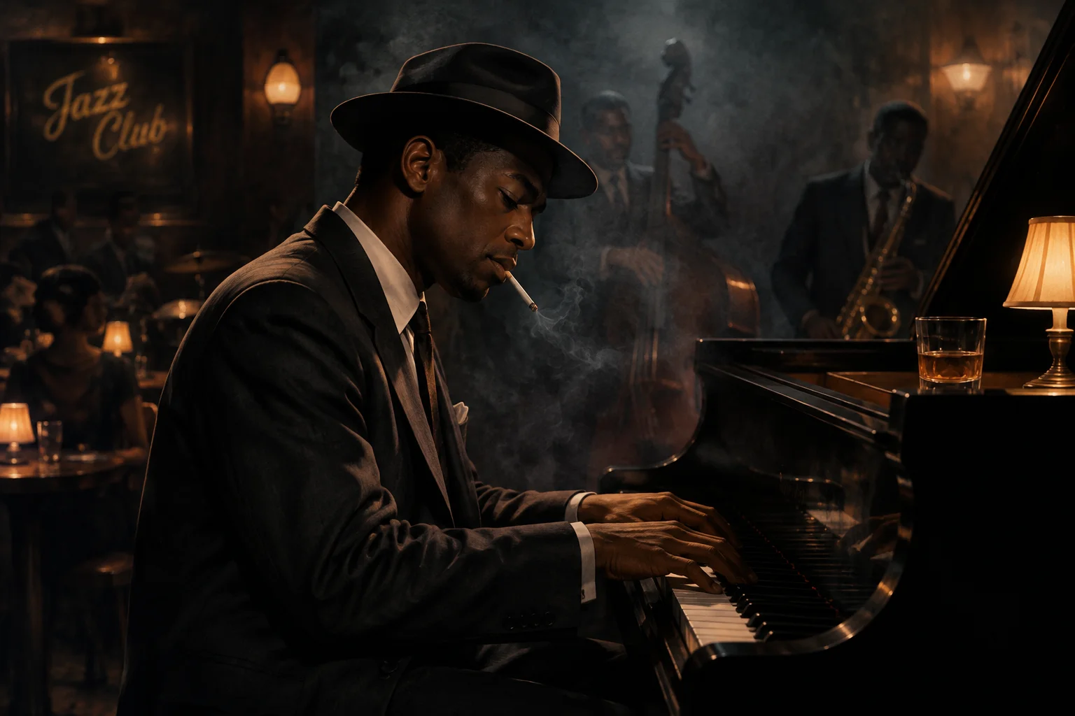 A jazz musician in a smoky 1950s club, cool and composed at a piano, moody atmospheric illustration.