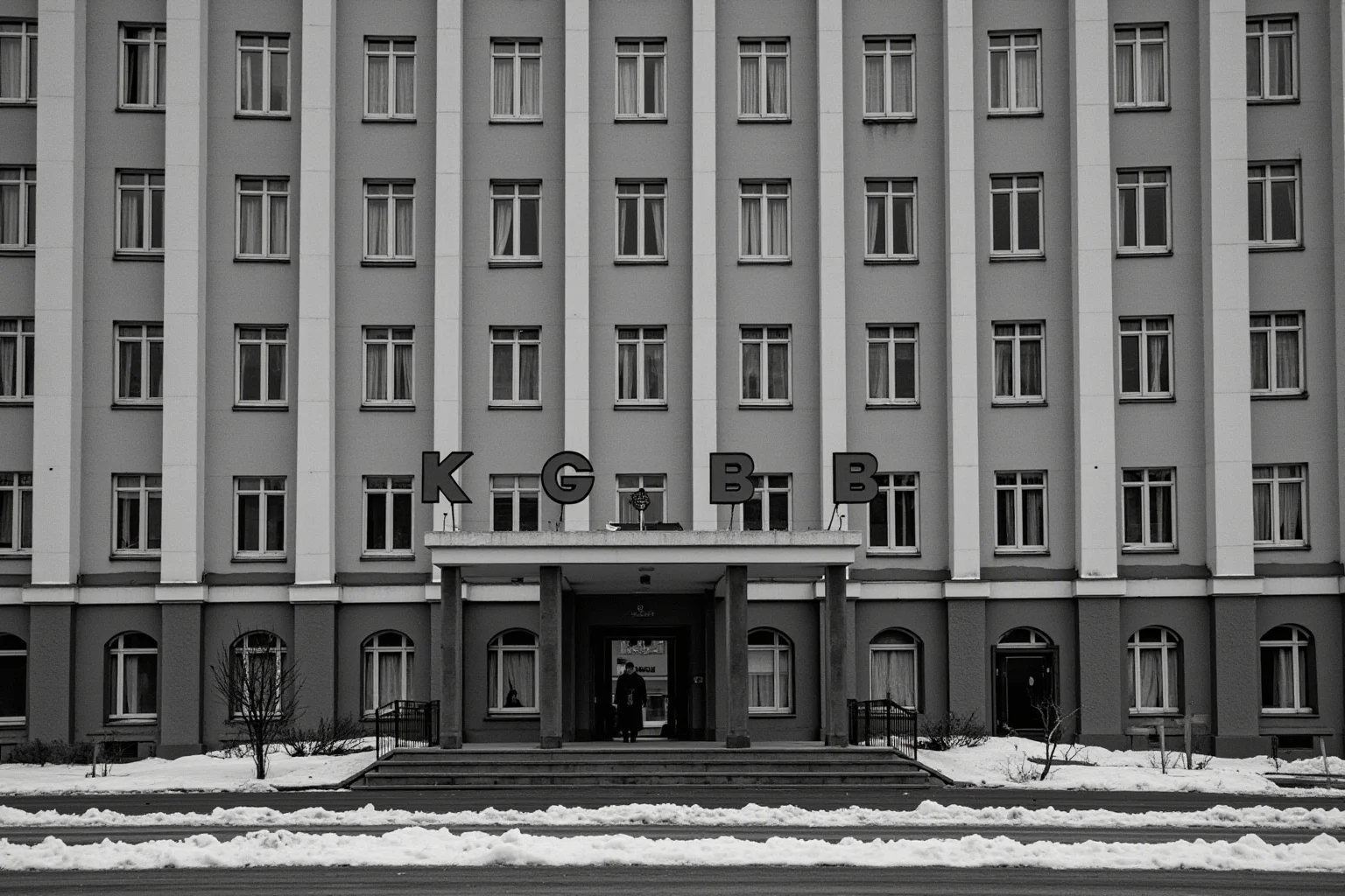 A KGB headquarters building in Moscow, with a lone figure entering.