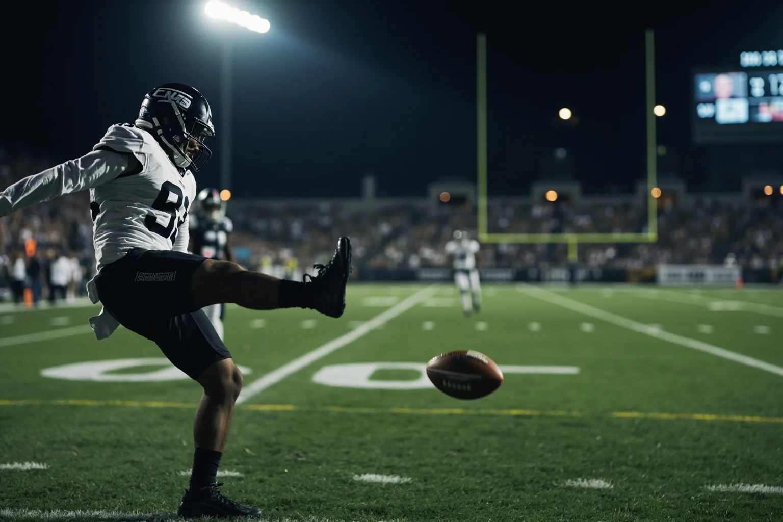 A kicker watching a field goal sail wide right under stadium lights, generic uniform, no real logos or names, emotional sideline reaction.