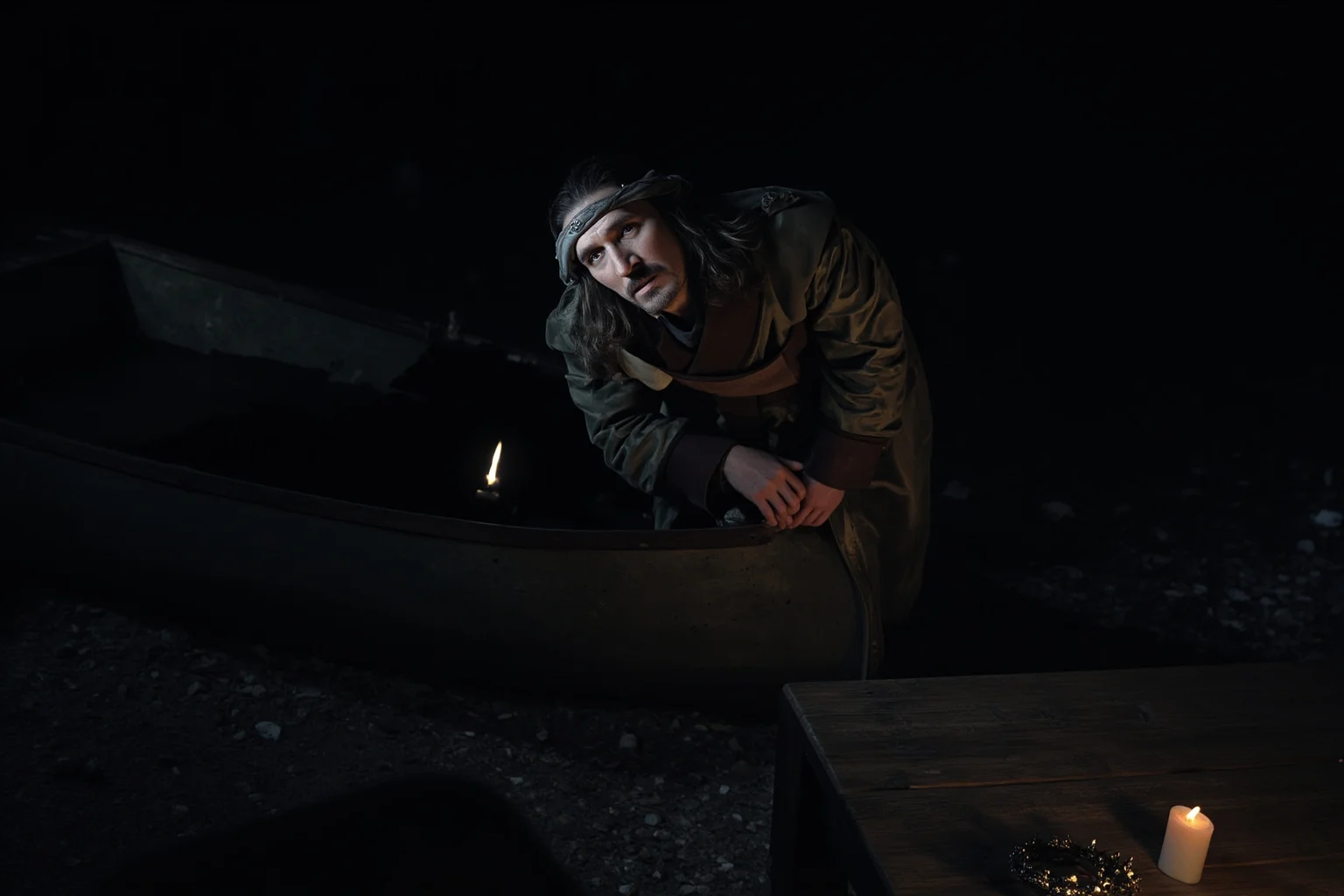 A king in a heavy coat climbing into a small boat at night, an abandoned crown and candle left on a table in the foreground, dramatic shadow.