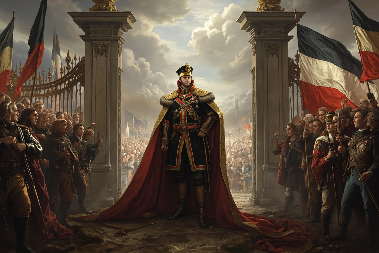 A king in military uniform standing at a palace gate, a divided crowd on either side holding opposing flags, overcast Belgian sky, tense composition.