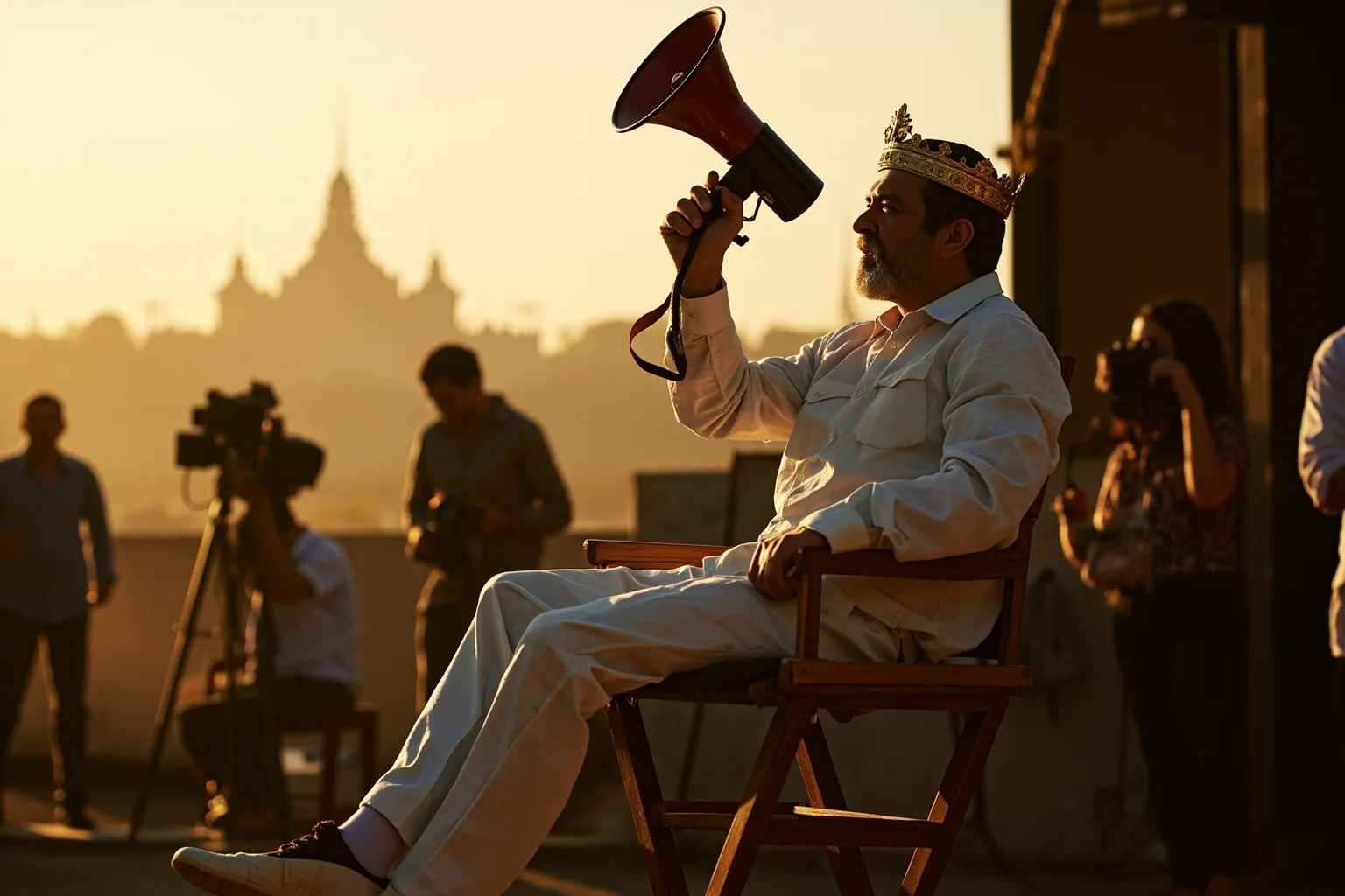 A king seated in a film director's chair holding a megaphone, film cameras and crew around him, a temple silhouette on the horizon, warm tropical light.