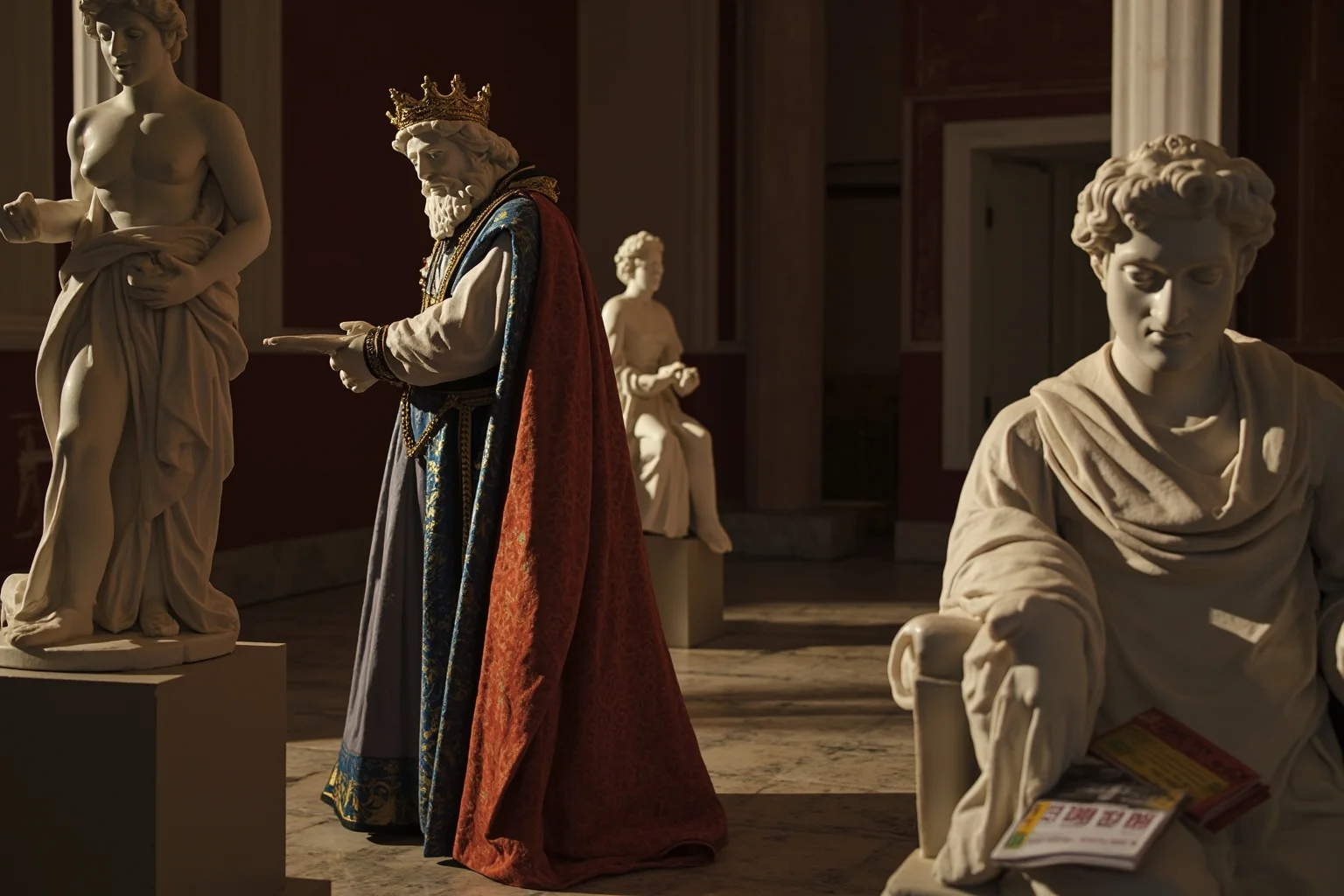 A king standing in a marble sculpture gallery among classical statues, a theatre playbill lying on a chair, warm gallery lighting.