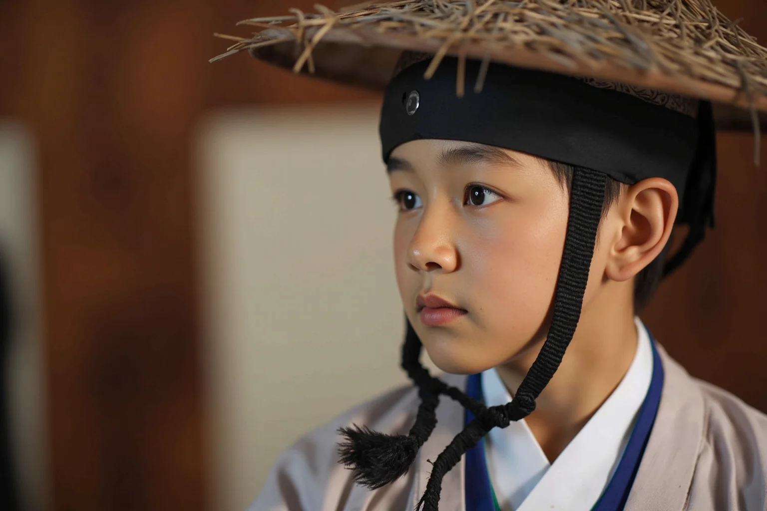A Korean teenage boy in traditional hanbok and horsehair gat hat being honored in a gwallye coming-of-age ceremony, wooden hall