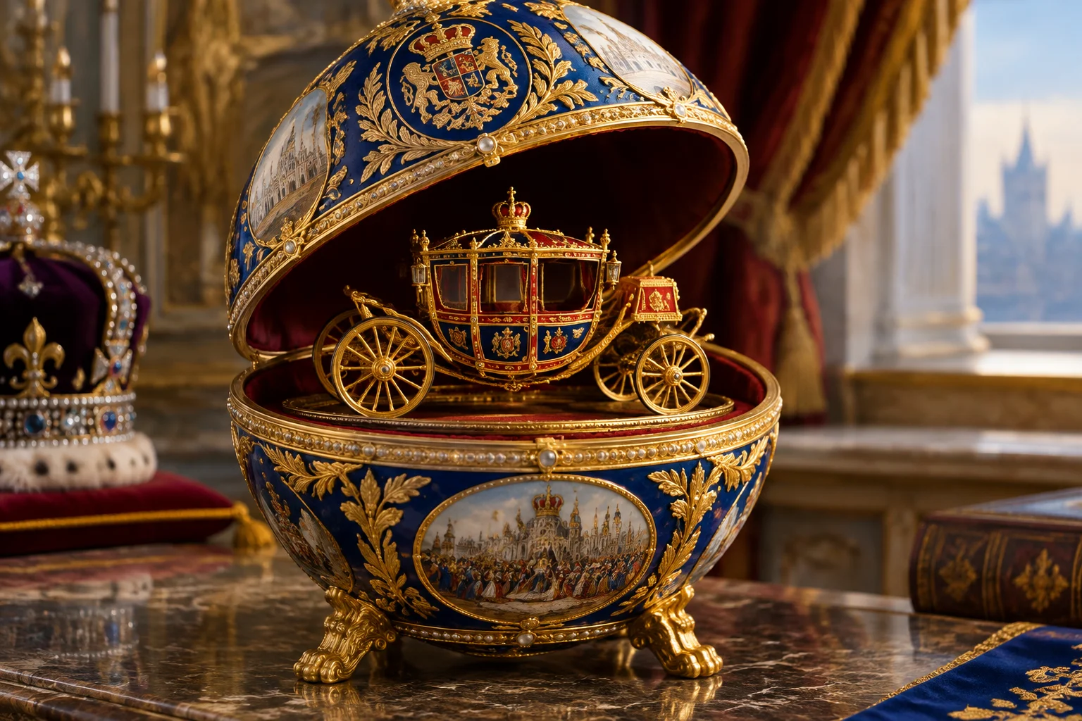 A large gold and enamel egg commemorating a coronation, containing a perfect miniature replica of a coronation carriage with moving wheels.