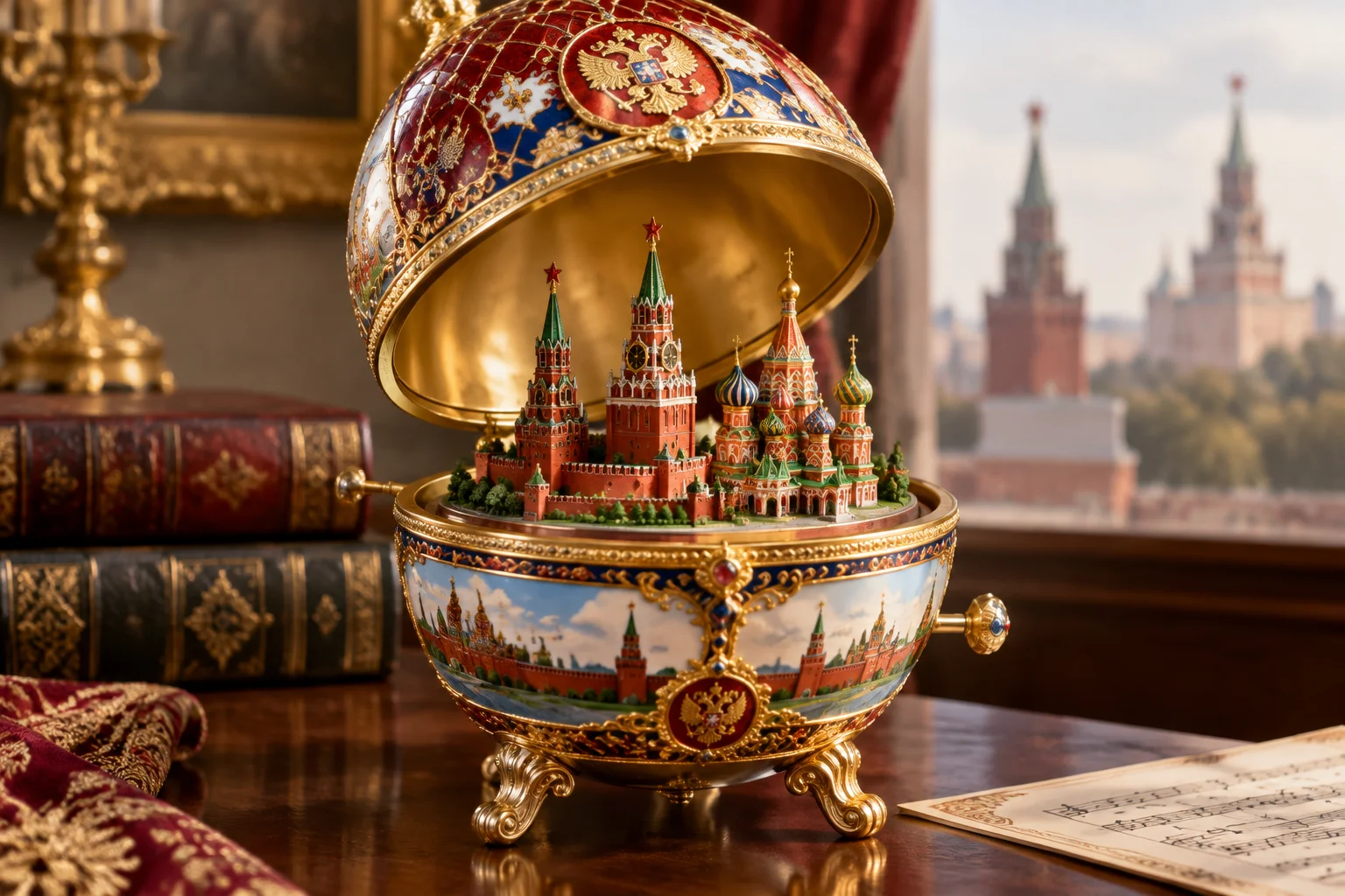 A large gold and enamel egg featuring a detailed model of the Moscow Kremlin inside, with a music box mechanism.