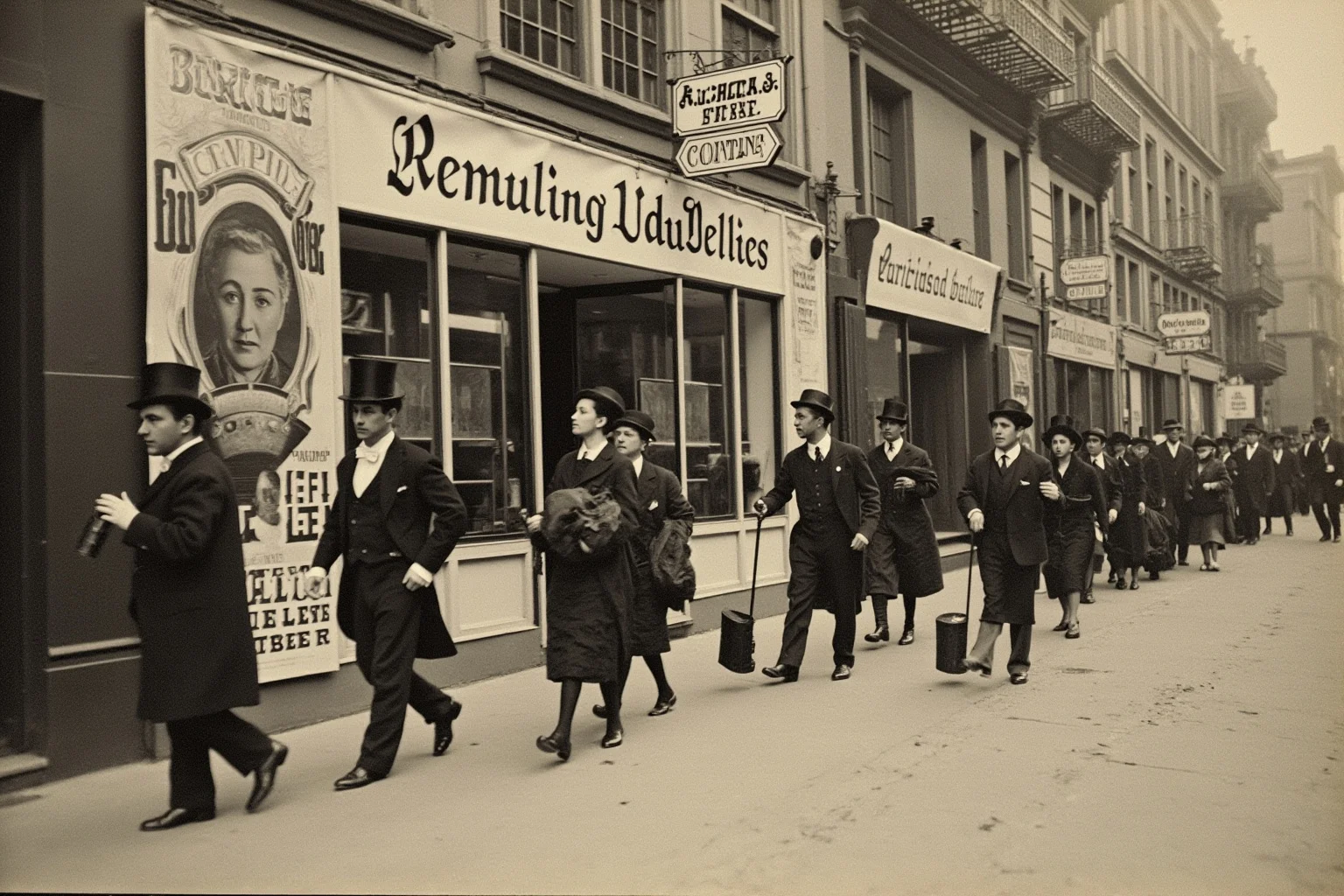 A late 19th-century street scene with posters banning dueling, people walking by in top hats and bustles.