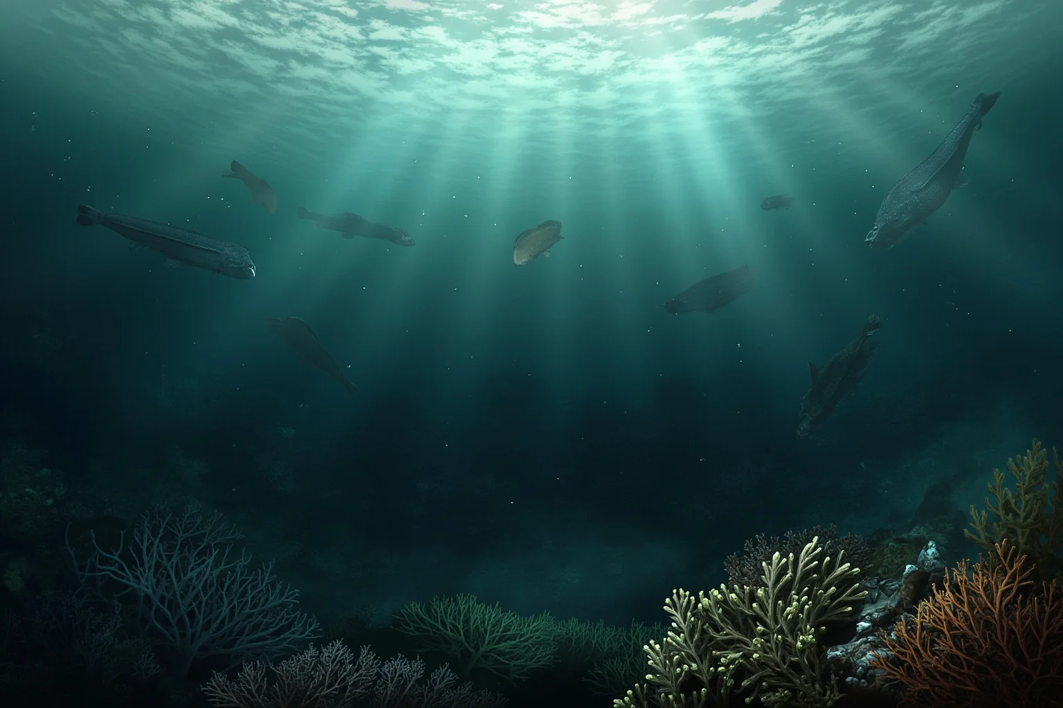 A Late Devonian ocean scene showing armored fish and coral reefs under stress, with murky oxygen-poor waters and dim sunlight.