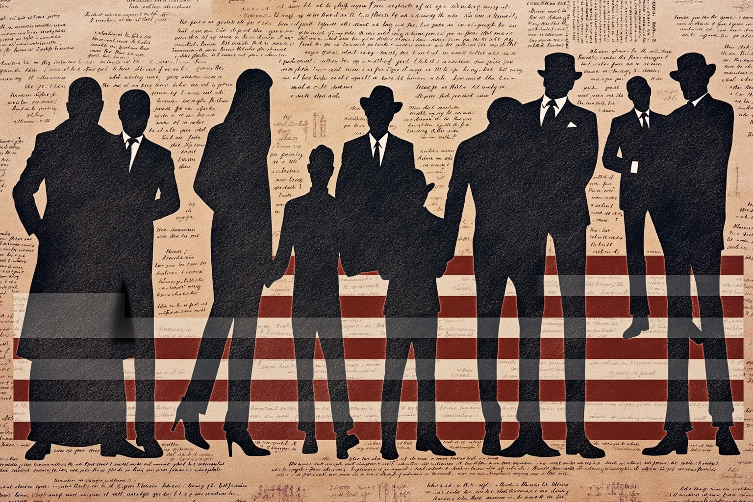 A layered historical collage of American passing narratives, with silhouetted figures blending into different settings, no faces.