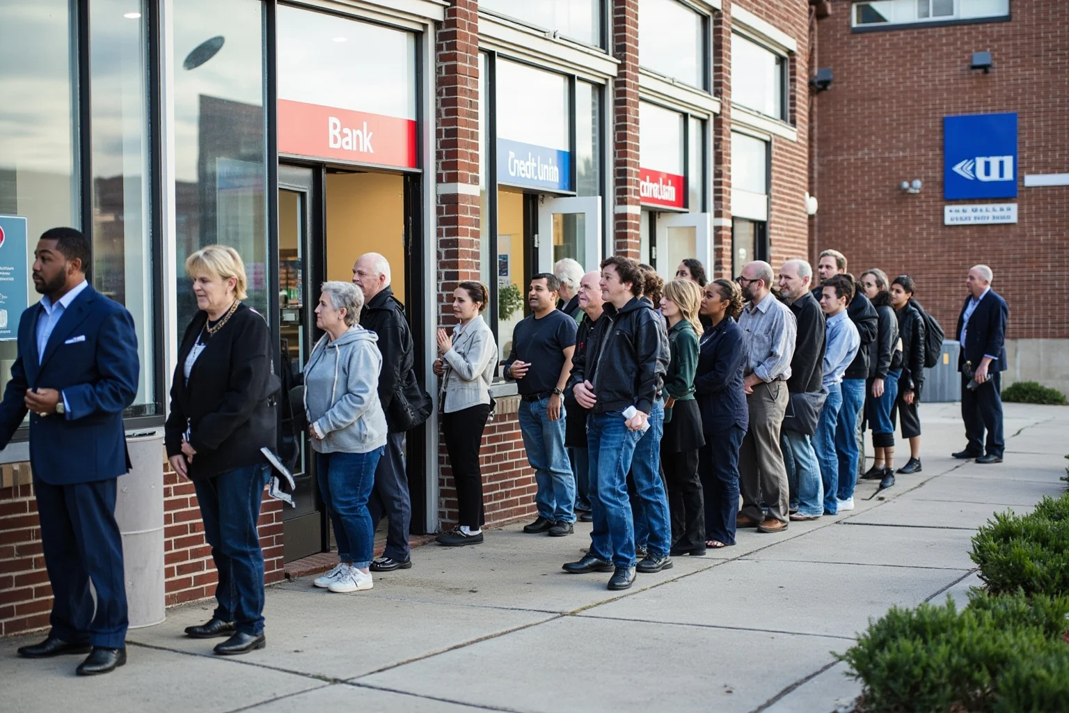 A line of people waiting outside a local bank, with a credit union sign nearby.