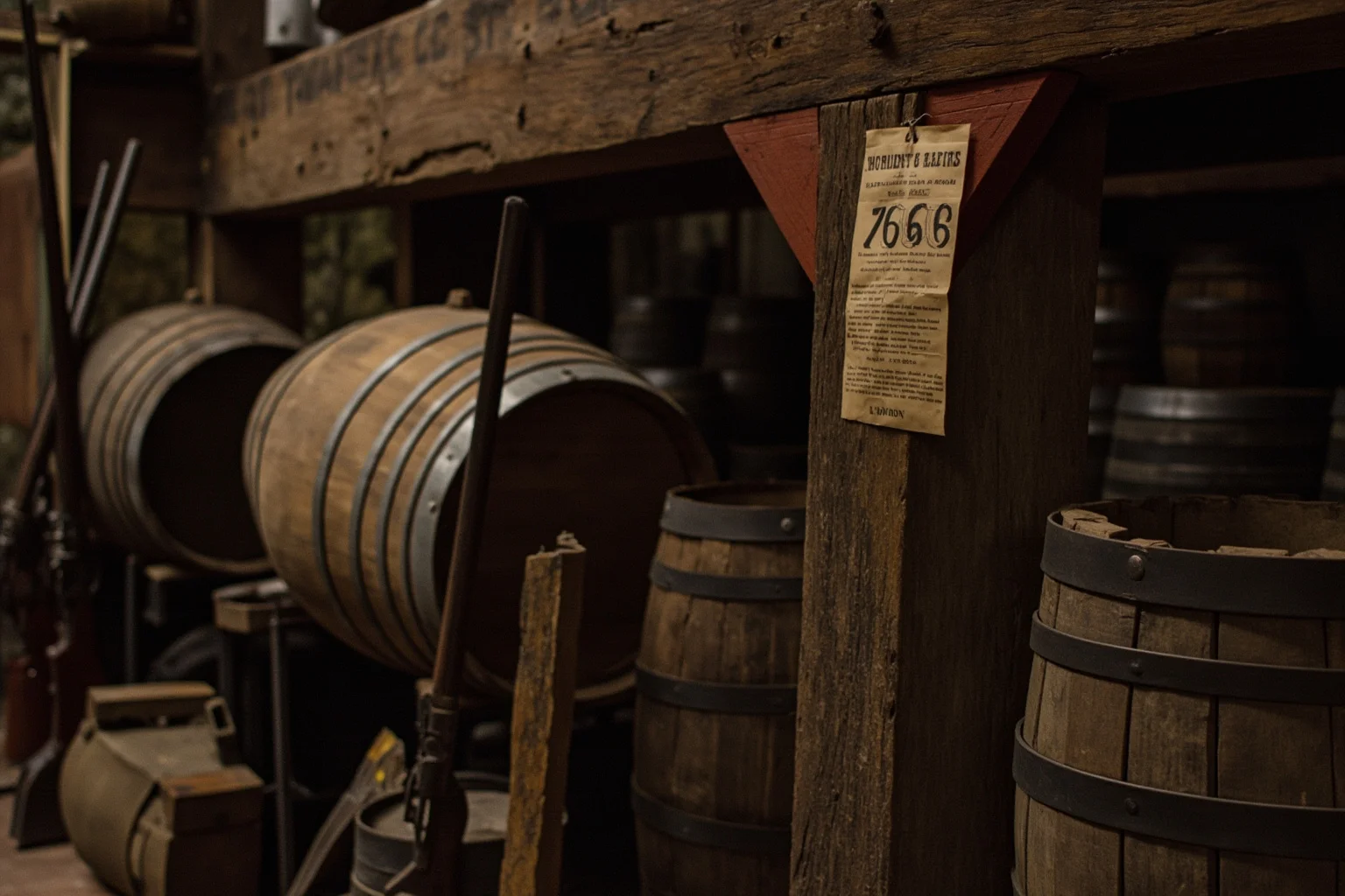 25 Times Historical Figures Predicted the End of the World 12 A London cooper's workshop in 1661 with stacked barrels, discarded muskets against the wall, and a printed handbill showing the number 1666 pinned to a beam.