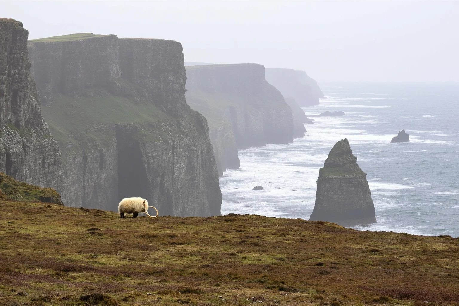 A lone dwarf woolly mammoth on a windswept Arctic island shoreline with cliffs, sea ice, and low tundra vegetation.